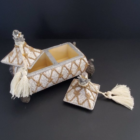 Dresser Top Trinket Chest w/ Finial Lids Footed Tassels Hand Painted Crackled - Picture 6 of 8